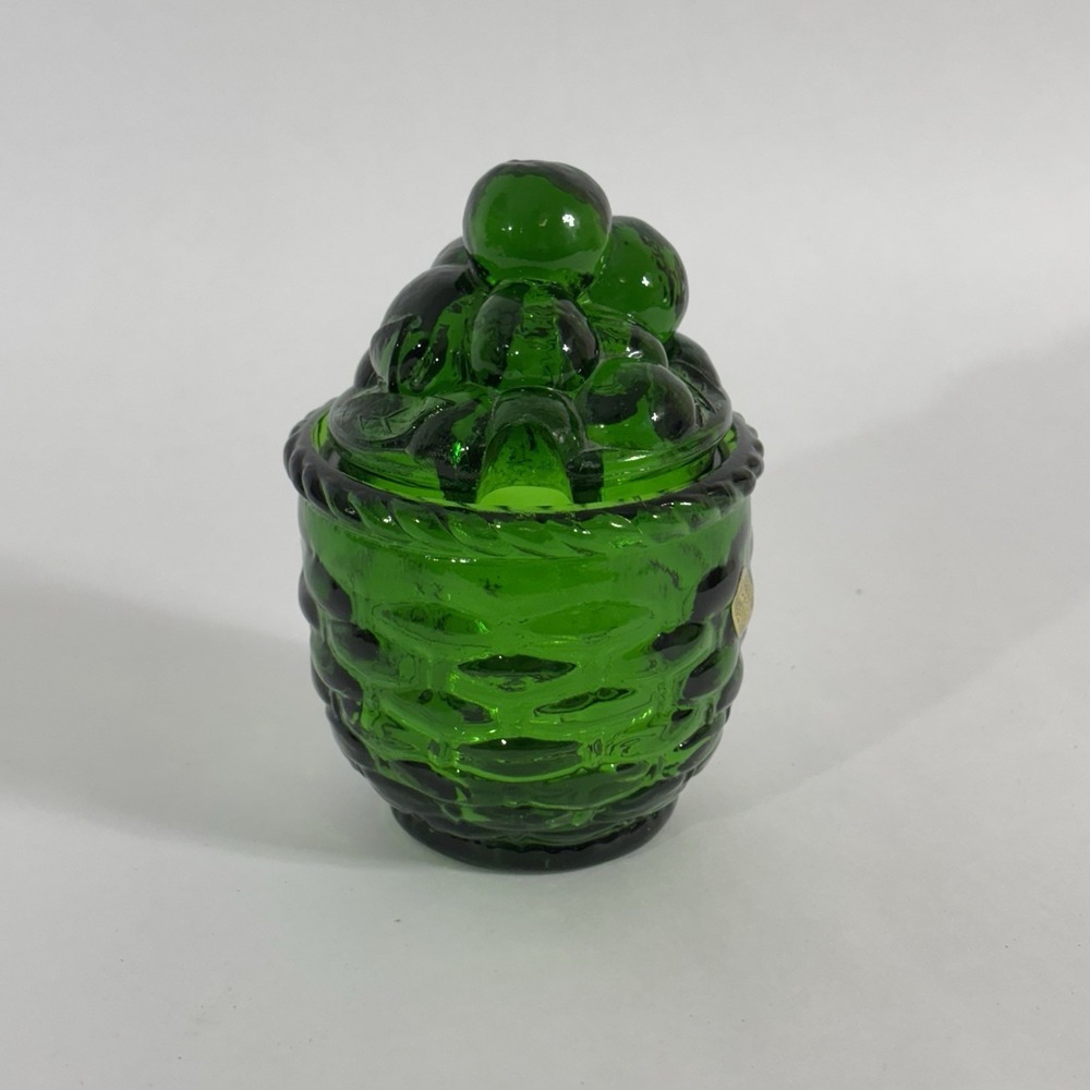 VTG Green‎ Glass Strawberry Basket Lidded Jelly Jam Jar With Spoon Slot Enesco